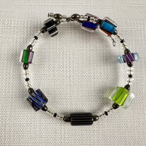 Rainbow Furnace Glass Bead Bracelet Memory Wire Adjustable Handmade Jewelry